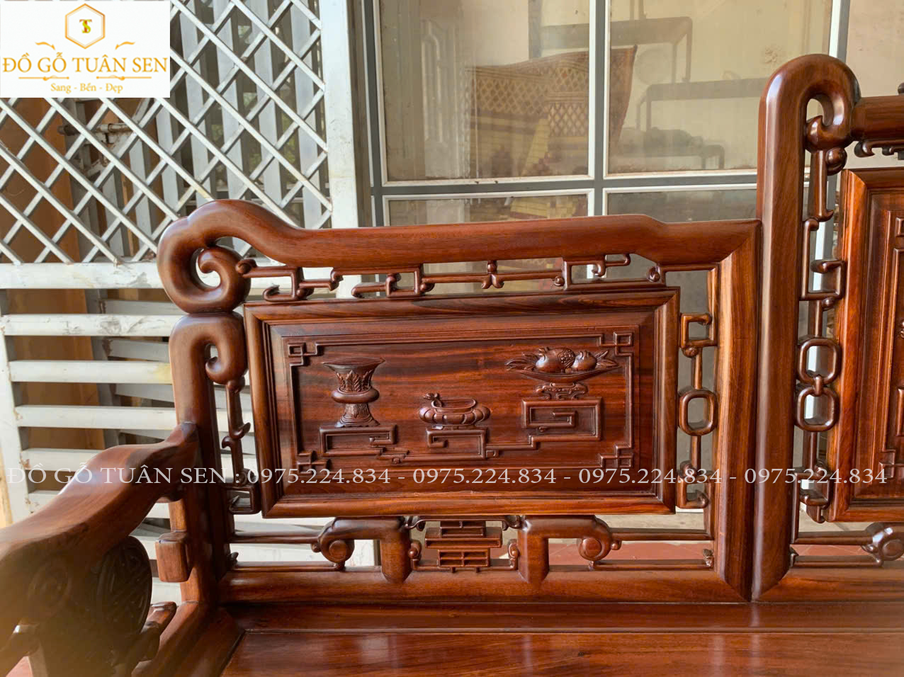 Hình ảnh bộ trường kỷ tam sơn gỗ gụ ta quảng bình 